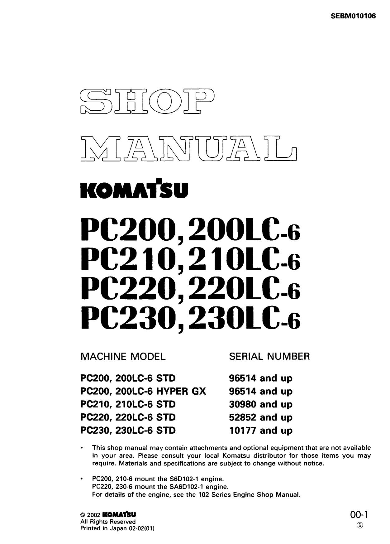 PC200, PC200LC-6, PC210, PC210LC-6, PC220, PC220LC-6, PC230, PC230LC-6 Shop Manual